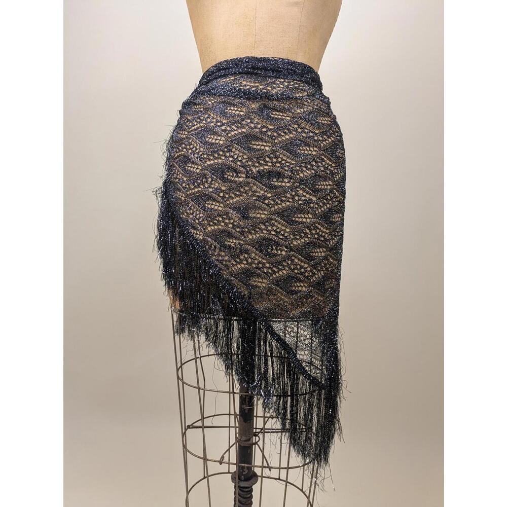 1990's silver black viscose knitted fringe shawl wrap